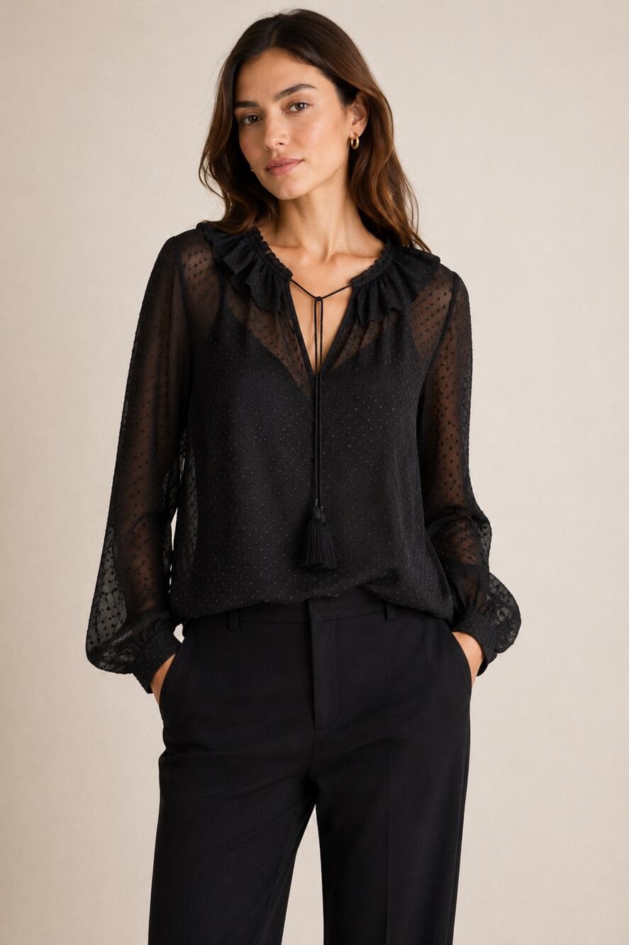 & Other Stories Black Sheer Polka Dot Ruffle Blouse | Size 12